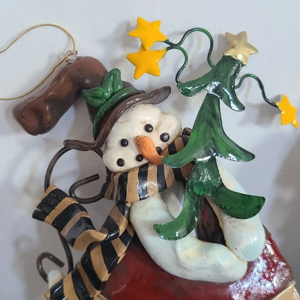Large Metal & Clay Santa Claus & Snowman Winter Christmas Holiday Ornaments VTG